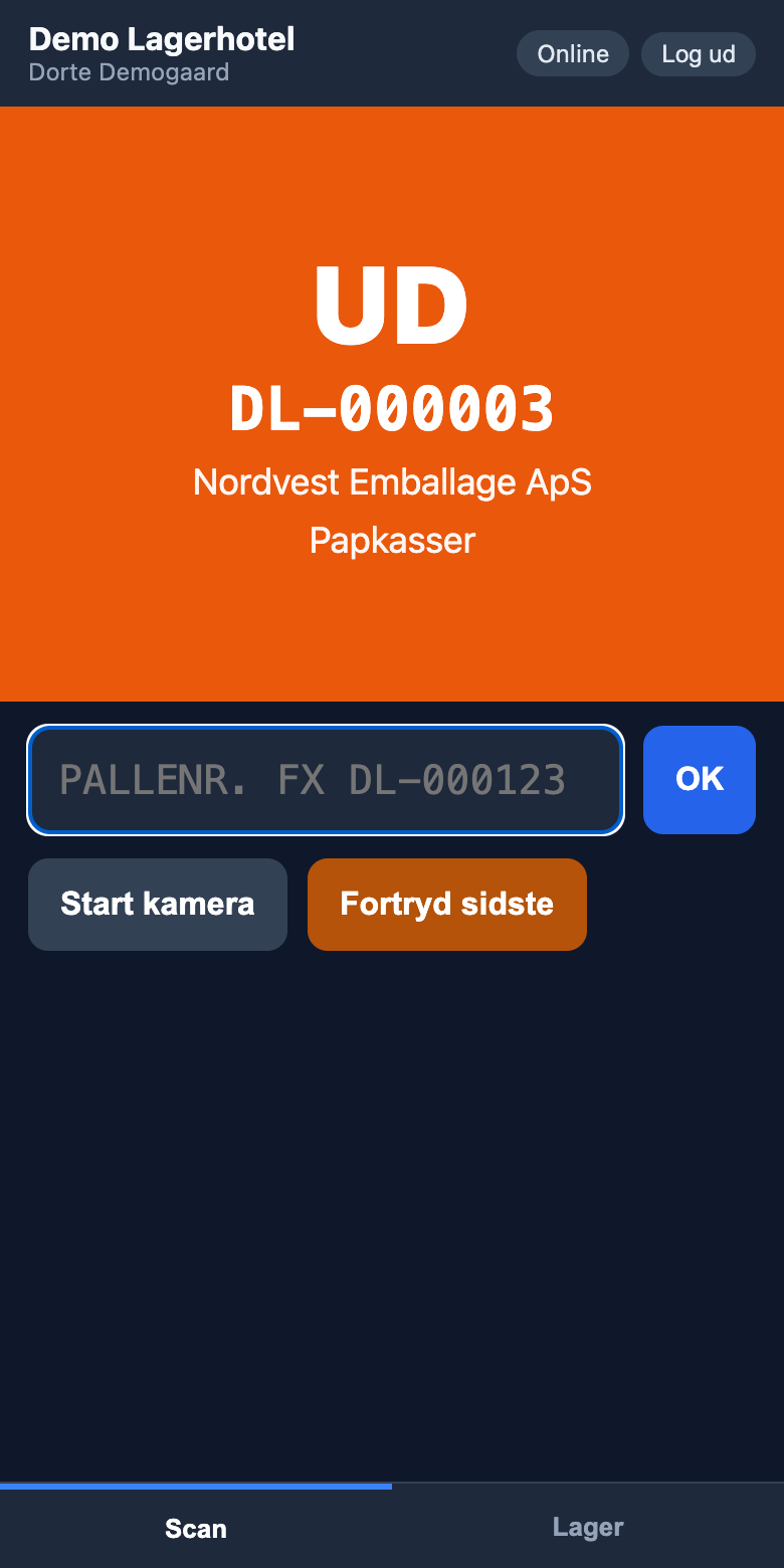 Lagerklar scan-app på telefon: pallen DL-000003 er scannet ud